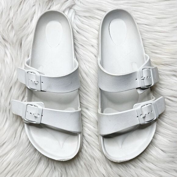 Double Buckle Strap Slide On Sandals White Size 7 - Picture 1 of 7